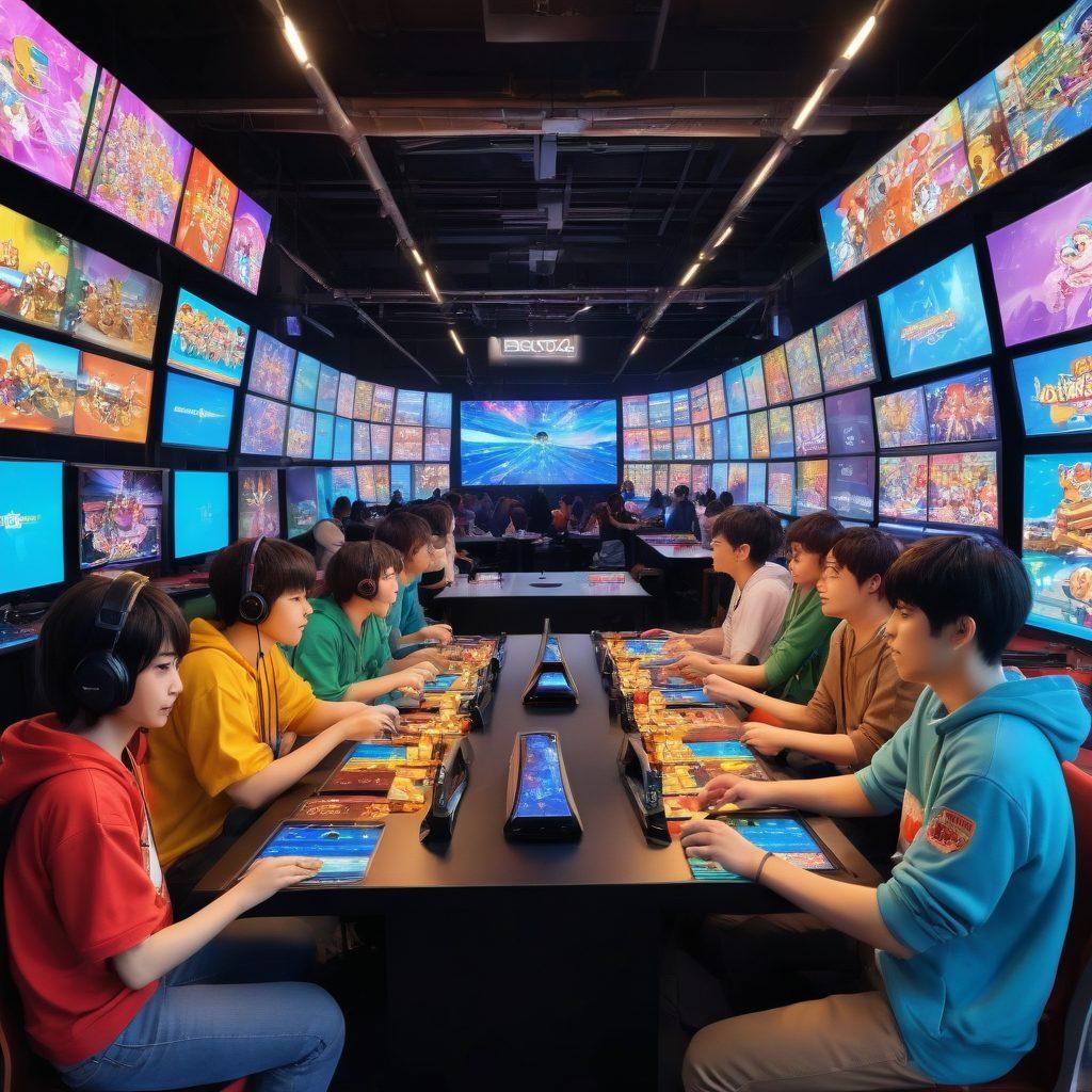 A dynamic scene featuring a split view of anime characters engaged in casual gaming on one side, and intense competitive gaming on the other. The casual side shows colorful, cute characters with a vibrant gaming setup filled with snacks and laughter, while the competitive side showcases serious characters in a high-stakes tournament atmosphere, surrounded by cheering fans and bright lights. Incorporate elements like controllers, screens displaying multiplayer games, and visually striking anime art styles. vibrant colors. 3D. anime style.