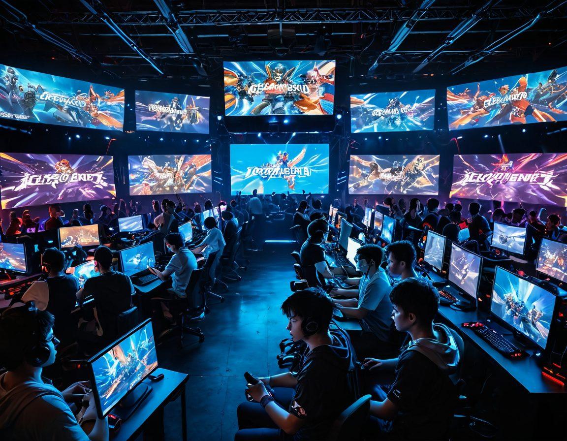 A vibrant gaming arena filled with diverse anime characters competing in a lively e-sports tournament, showcasing intense strategies on large screens in the background. Cheerful crowds with colorful signs cheer them on, while neon lights create an electrifying atmosphere. Include elements like game controllers, headsets, and a leaderboard to hint at competition. super-realistic. vibrant colors. high-energy.