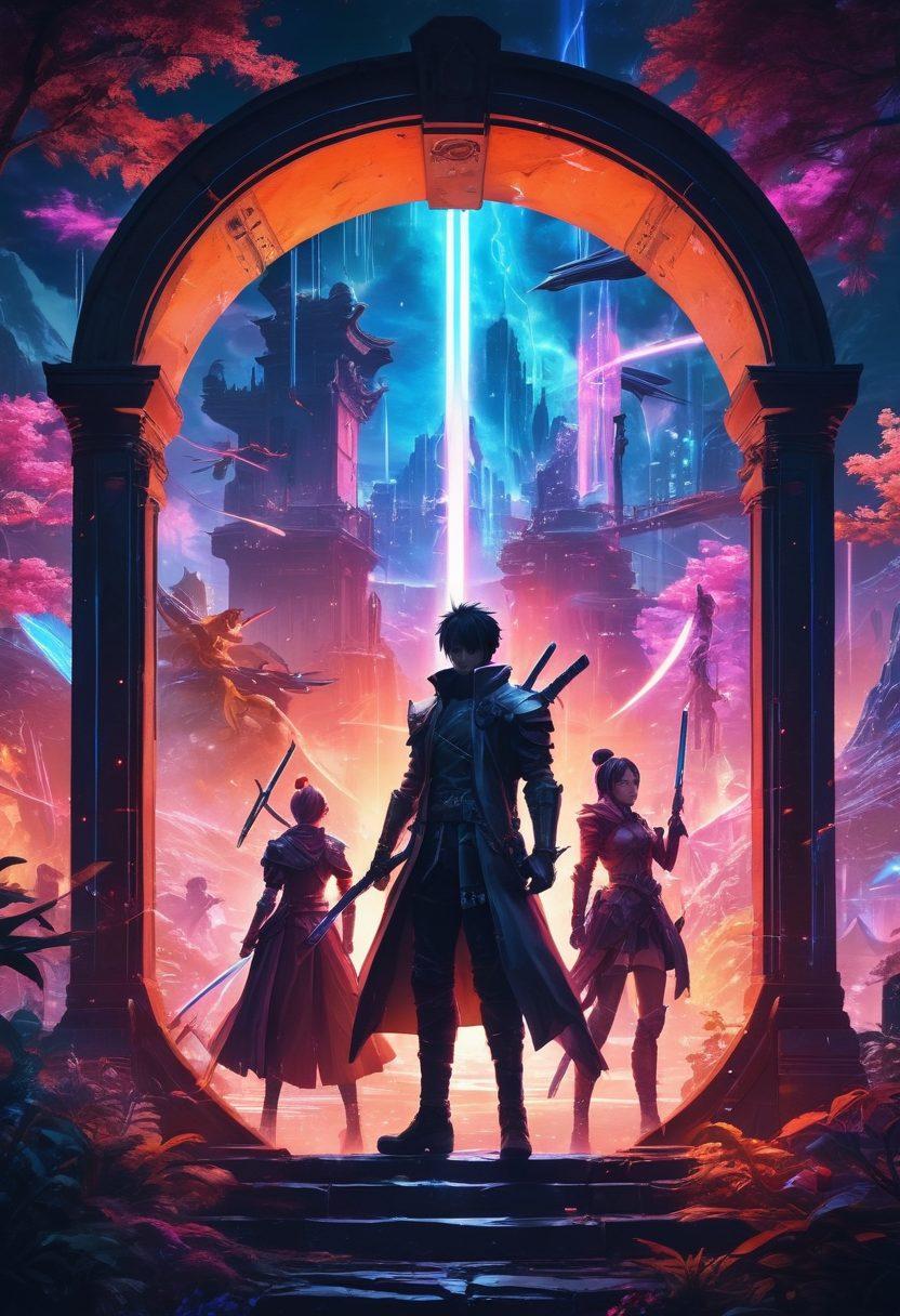 A vibrant collage of iconic anime game characters gathered around a glowing portal, showcasing various RPG elements like swords, magic, and fantasy landscapes. Bright neon colors illuminate the scene, reflecting the excitement of fan-made creations. Include dynamic action poses, with a mix of traditional and futuristic elements. High-energy atmosphere with a whimsical touch. vibrant colors. cyberpunk.